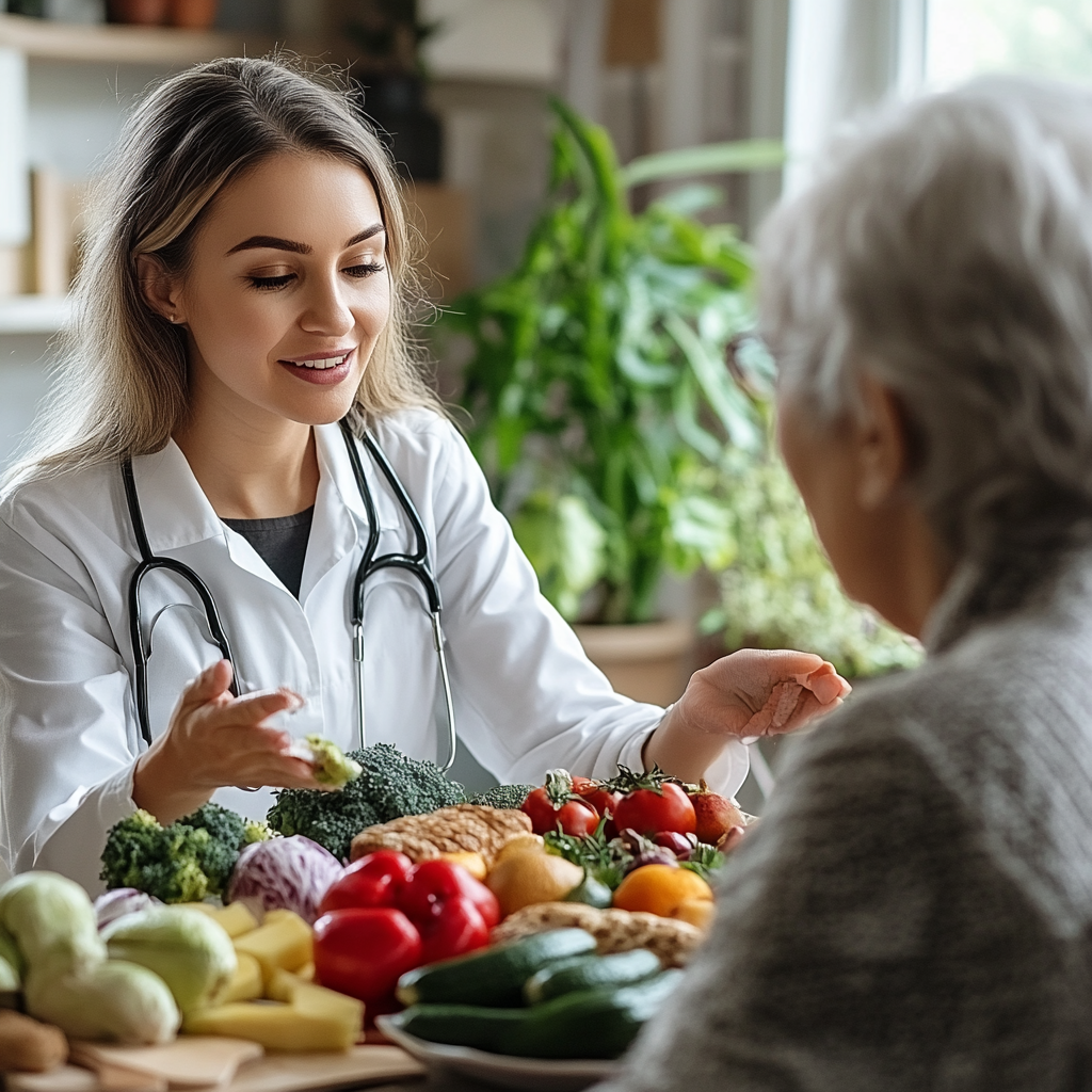 Молода жінка-дієтолог демонструє різноманітні здорові продукти харчування на столі, професійно консультуючи клієнта